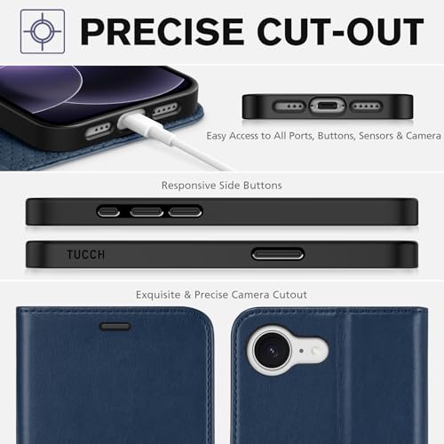 TUCCH Case Wallet for iPhone 17e 16e (6.1"), RFID Blocking Folio, Dark Blue | 4 Card Holders, Kickstand, PU Leather, Magnetic Closure, Shockproof TPU Shell, Protective Flip Cover - color: Dark Blue