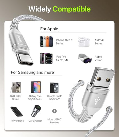 USB C to C Cable 6FT 2Pack, USB C to USB C Cable Fast Charging iPhone USB C - color: Silver, size: 6FT, style: 60W USB A to USB C