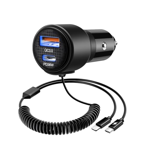 BUNUD Car Charger USB C Fast Charge, 66W Car Phone Charger, 4-in-1 & Coiled