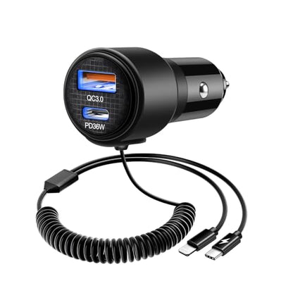 BUNUD Car Charger USB C Fast Charge, 66W Car Phone Charger, 4-in-1 & Coiled