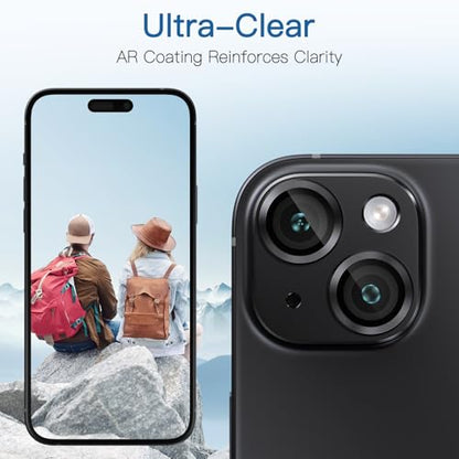 [2 Pack Camera Lens Protector for iPhone 15/15 Plus,9H Tempered Glass,Aviation Aluminum Plate Cover,Night Circle,No Bubble,HD Clarity,Case Friendly,Easy Installation-Black - size: for iPhone 15/15 Plus