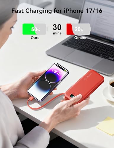 Portable Charger Power Bank 10000mAh with Built in Cables & Wall Plug - color: Crimson