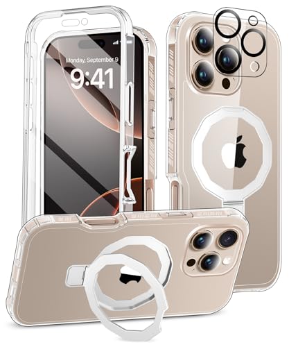 Compatible with iPhone 16 Pro Case, Built-in Screen Protector & Seamless Stand, with Camera Lens Protector, Strong Magnetic Clear Phone Case, Full Body Protective Cover for 6.3" (Clear) - color: Clear, size: iPhone 16 Pro 6.3"