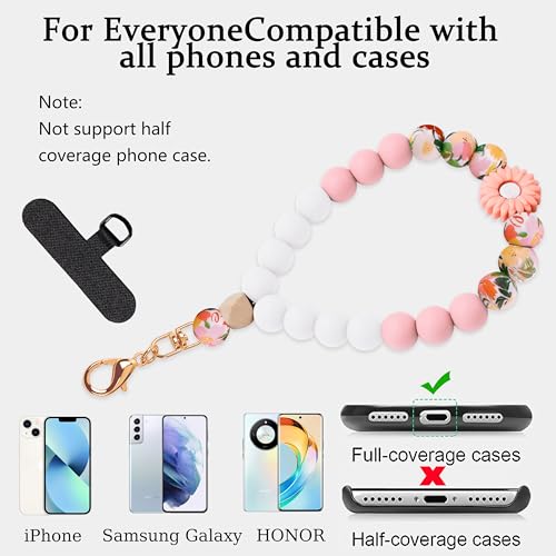 Silicone Beaded Phone Wrist Strap for Women, Elastic Wristlet - color: Pink Daisy