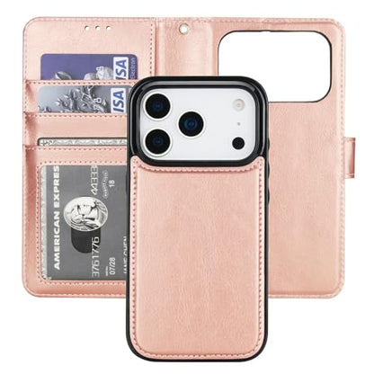 Bocasal Detachable Wallet Case Card Holder for iPhone 17 Pro, Rose Gold | RFID Blocking Kickstand Card Slots Holder PU Leather Magnetic Shockproof Wrist Strap Removable Flip Protective Cover 6.3 inch - color: Rose Gold