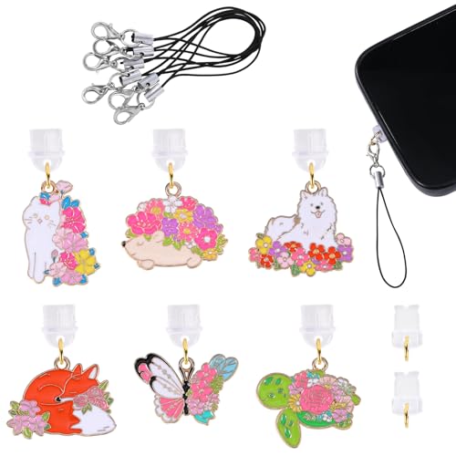 6 Pcs Type C Dust Plug Charm Cute Cell Phone Charms Mobile Dustproof Plugs with Charms for Most Type C USB C Cell Phone(Flower and Animal) - color: Pink