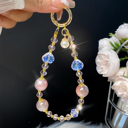 Sparkling Pink Phone Charm, Beaded Phone Wrist Strap for Women - color: Pink Crystal