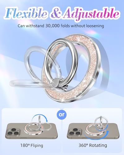 Phone Ring Holder Compatible with MagSafe - Magnetic Cell Phone Grip for Women Cute Magnet Removable Finger Ring Grip Stand Glitter Shine for iPhone 17 16 15 14 13 Pro Max Plus, Golden Rose - color: Gold