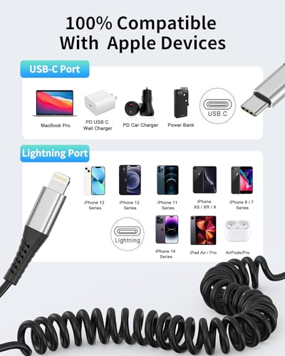 Coiled USB C to Lightning Cable for Car 2 Pack, 3FT Apple Carplay Cable, Short Retractable iPhone Charger Fast Charging Cord for iPhone 14 13 12 11 Pro Max Xs X Xr 8/Airpods - style: Coiled USB-C to Lightning