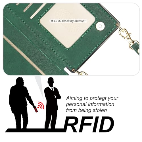 Bocasal Crossbody Wallet Case with Strap for iPhone 16 Pro Max, Green | RFID Blocking Card Slot Holder, Magnetic Flip Folio Purse Case, PU Leather Zipper Handbag Detachable Lanyard Strap 6.9 Inch - color: Green