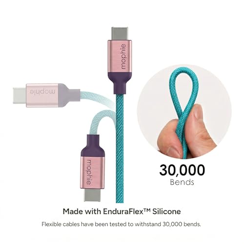 Mophie Charge Stream USB-A to USB-C 2.0 1m/3ft Cable - Premium Braided Nylon Charging Cord Compatible with iPhone 17/16/15, iPad Pro, MacBook, AirPods, Enduraflex Silicone, Teal/Purple/Pink - size: 3 feet, style: USB-A to USB-C Teal/Purple/Pink
