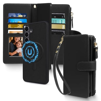 Magnetic Case for Samsung Galaxy S25 Fe Wallet Compatible with Magsafe RFID Blocking Card Holder Detachable Phone Cover Kickstand Snap Strap Zipper Pocket PU Leather (Black) - color: Black, size: Galaxy S25 Fe