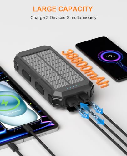 Solar Charger Power Bank 38800mAh, 22.5W USB-C Fast Charging Portable Charger with 4 Built-in Cables, External Battery Pack with Dual LED Emergency Flashlights for Camping, Hiking, Outdoor Use - color: Black