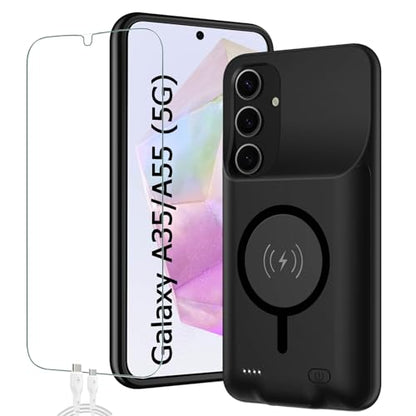 Battery Case for Galaxy A55/A35,Full Encircle[12000mAh]High Capacity Rechargeable Portable Charger Case Extended Battery Pack for Galaxy A55/A35(6.6inch)Wireless Charging Case with Carplay-Black - size: Galaxy A55/A35