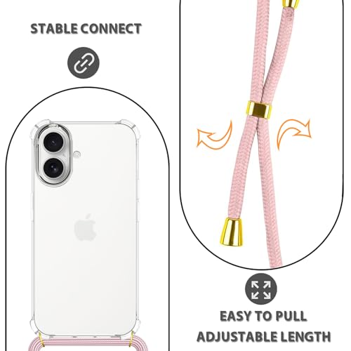 Clear Case for iPhone 17 Adjustable Lanyard Crossbody Neck Strap Women Soft TPU Rubber Bumper Case Cover Transparent Shockproof Protective Phone Case for iPhone 17 - Rose Gold - size: for iPhone 17