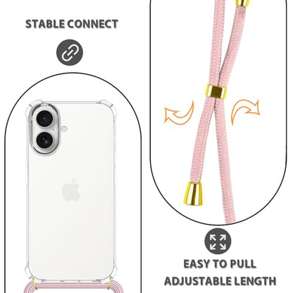 Clear Case for iPhone 17 Adjustable Lanyard Crossbody Neck Strap Women Soft TPU Rubber Bumper Case Cover Transparent Shockproof Protective Phone Case for iPhone 17 - Rose Gold - size: for iPhone 17
