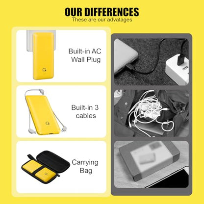 Portable Charger with Built-in Cables and AC Wall Plug, USB C External Battery Pack, 10000mAh Travel Essentials Power Bank Compatible with iPhone17/16/15/14/13, Samsung Galaxy, Pixel,Tablet and More - color: Yellow