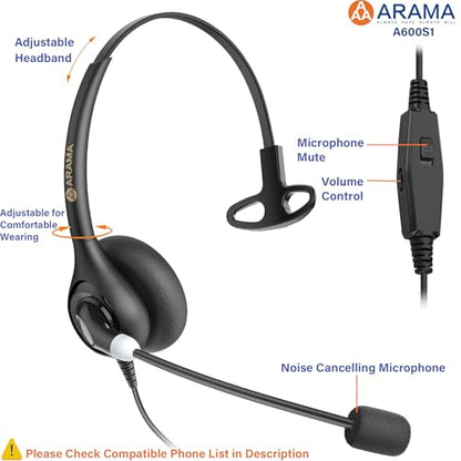Arama Phone Headset for Office Phones for Polycom & Other IP Phones(A600S1)
