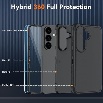 for Samsung Galaxy S26 Case with HD Screen Protector, 3-Layer Military Grade Shockproof Full Body Protection, Heavy Duty Hybrid Protective Phone Cover(Black/Black) - color: Black/Black