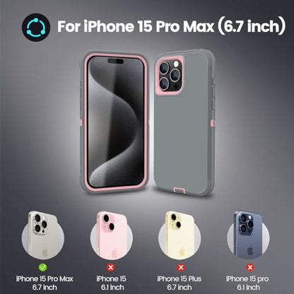 Sansunto for iPhone 15 Pro Max Case, Full Body Protection Heavy Duty Shockproof Military Grade 3 in 1 Silicone Rubber with Hard PC Rugged Durable Phone Cover - color: Grey/Pink