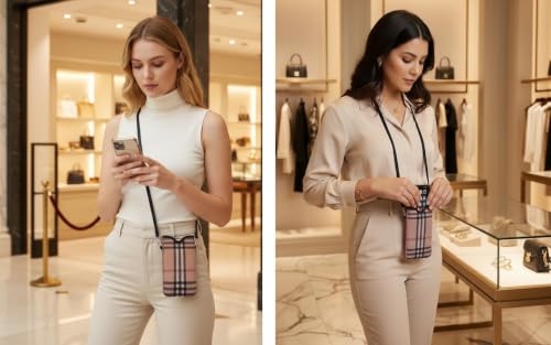 Tainada Neoprene Neck Phone Sleeve Pouch w/Crossbody Strap (Camel Plaid) | For Men/Women; lightweight neoprene pouch; Compatible with iPhone 17/16 Pro Max, 16e, 16/15 Plus; Samsung S26/S25, A57/A56 - color: Camel Plaid