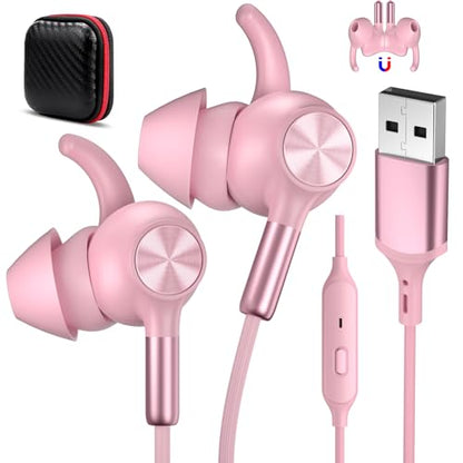 USB Earbuds with Microphone for PC Laptop,USB A Headphones,Pink - color: Pink