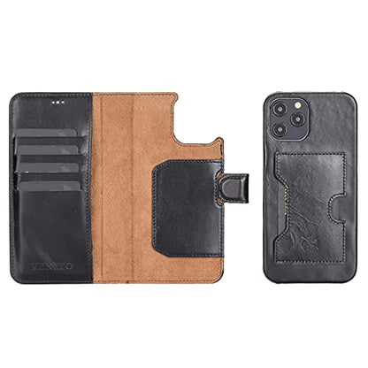 Venito Florence Leather Wallet Phone Case Compatible with iPhone 13 Pro Max (6.7 inch) - Extra Secure with RFID Blocking - Detachable Phone Wallet (Rustic Black)* - color: Rustic Black, size: iPhone 13 Pro Max