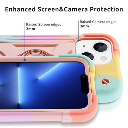 MARKILL Compatible with iPhone 14 Case/iPhone 13 Case 6.1 Inch with Built-in 360°Rotating Ring Stand, Military Grade Drop Protection Full Body Rugged Heavy Duty Durable Cover. - color: Rainbow Pink, size: iPhone 14/iPhone 13 6.1"