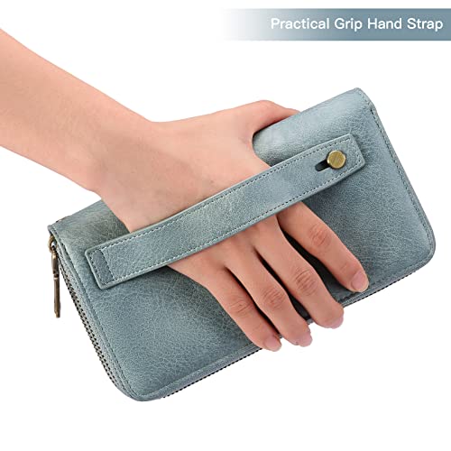 GAEKEAO RFID Leather Wristlet Wallet for Women with Grip Strap | Large capacity clutch wallet, credit card holder, wrist strap, zipper purse, travel and shopping - color: A06 Retro Light Blue-1