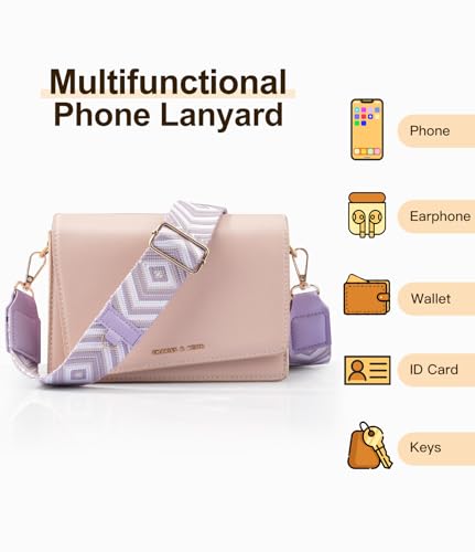 TiMOVO Clip and Go Phone Strap Crossbody with Leather Wallet, Adjustable Anti-Theft Lanyard with Pouch for Most Phone Case - color: Light Purple + White
