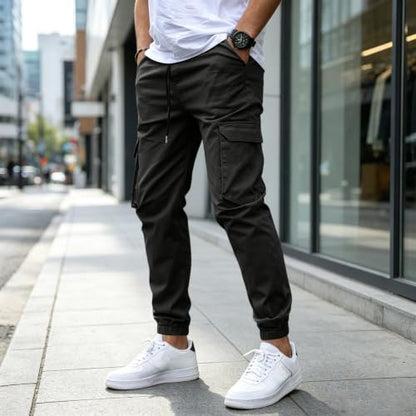Mens Cargo Pants Casual Baggy Sweatpant Drawstring Waist Cuffed Pants Lightweight Stretch Trousers with Pockets