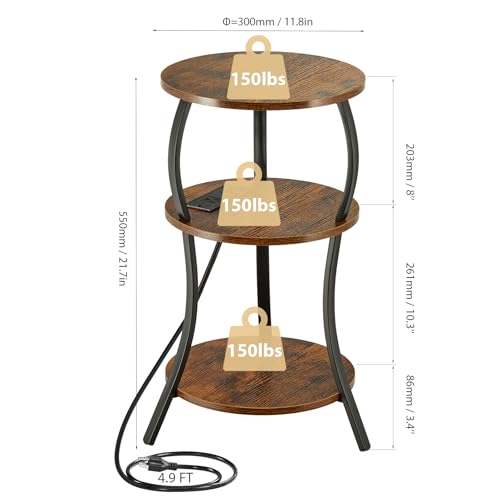YEAKOO Small Side Table with Charging Station,3-Tier Round end Table - color: Rustic Brown, style: USB Charger