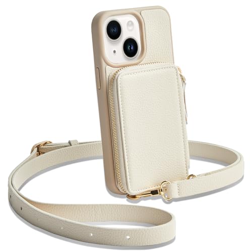 ZVE for iPhone 13 Wallet Case Crossbody, for iPhone 13 Zipper Phone Case with RFID Blocking Card Holder Wrist Strap Purse for Women Compatible with iPhone 13(6.1 inch)- Beige - color: Beige, size: iPhone 13, 6.1"
