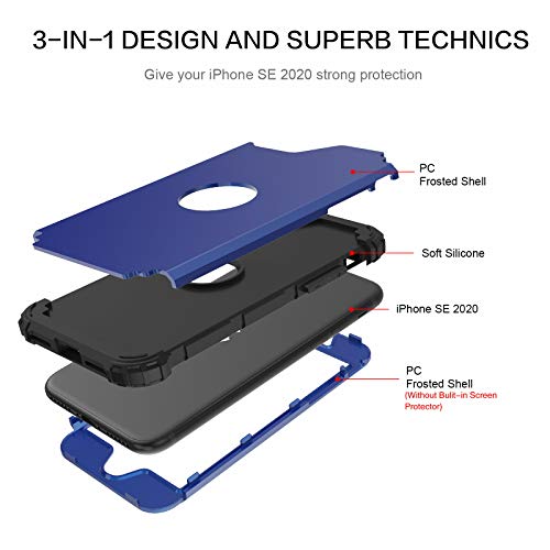 BENTOBEN for iPhone SE 2022 Case and Phone Case iPhone SE 2020, Heavy Duty 3 in 1 Full Body Rugged Shockproof Hybrid Hard PC Soft Rubber Bumper Drop Protective Girl Women Boy Men SE Cover,Deep Blue - color: Black/Deep Blue