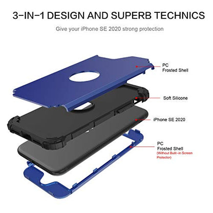 BENTOBEN for iPhone SE 2022 Case and Phone Case iPhone SE 2020, Heavy Duty 3 in 1 Full Body Rugged Shockproof Hybrid Hard PC Soft Rubber Bumper Drop Protective Girl Women Boy Men SE Cover,Deep Blue - color: Black/Deep Blue