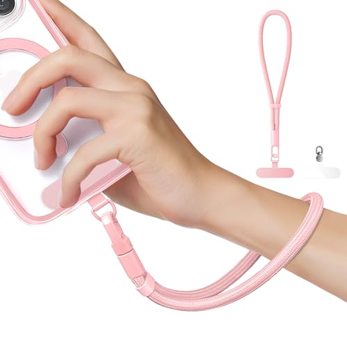 Minimalist Wrist Strap Phone Lanyard with Adjustable Drop-Proof Design, 7mm Reinforced Climbing Rope Material, 2 Phone Tether Tabs (Matching Metal and Rotatable Clear) - Sakura Pink - color: 05 Minimalist Sakura Pink