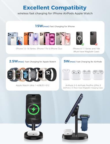 Mag-Safe Charger 3 in 1 Charging Station for iPhone Apple Watch AirPods - color: Black, size: 15W