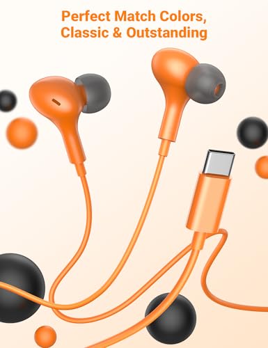 USB C Earbuds with Microphone Cute in Ear Wired Headphone - color: Orange Grey