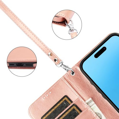 Bocasal Detachable Wallet Case Card Holder for iPhone 16 Plus, Rose Gold | RFID Blocking Kickstand Card Slots Holder PU Leather Magnetic Shockproof Wrist Strap Removable Flip Protective Cover 6.7 inch - color: Rose Gold