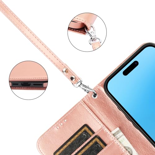 Bocasal Detachable Wallet Case Card Holder for iPhone 16 Pro Max Rose Gold | RFID Blocking Kickstand Card Slots Holder PU Leather Magnetic Shockproof Wrist Strap Removable Flip Protective Cover 6.9 inch - color: Rose Gold