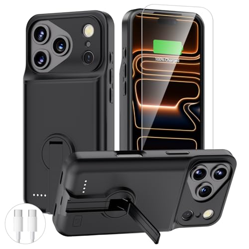 BOPPS Battery Case for iPhone 17 Pro with Stand【Support Carplay】 Slim Powerful 8500mAh Portable Charger Case 360°Protection Rechargeable Extended Charging case for iPhone 17 Pro Black