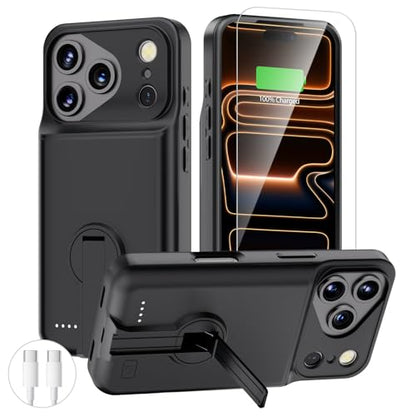 BOPPS Battery Case for iPhone 17 Pro with Stand【Support Carplay】 Slim Powerful 8500mAh Portable Charger Case 360°Protection Rechargeable Extended Charging case for iPhone 17 Pro Black