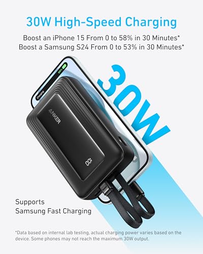 Anker Power Bank,20,000mAh 30W Portable Charger,USB-C and Lightning Cables - color: Black
