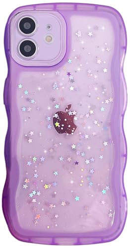 Qokey for iPhone 12 Mini Case 5.4" Curly Wave Edge Design Transparent Bling Glitter Star Shiny Cute Clear Transparent Full Protection Soft TPU Shockproof Phone Cover for Women Girls,Purple - color: Purple, size: for iPhone 12 Mini