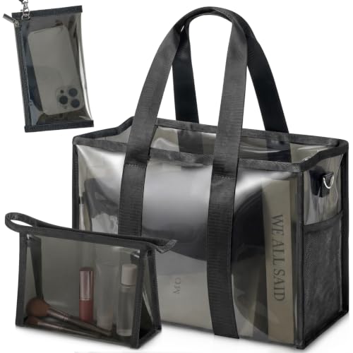 3-Piece Iridescent Beach Bag Set for Women, Large PVC Pool Bag Set | Includes Summer Beach Tote, Cosmetic Bag and Touchscreen Phone Pouch for Pool, Travel and Vacation - color: Black