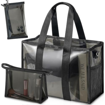 3-Piece Iridescent Beach Bag Set for Women, Large PVC Pool Bag Set | Includes Summer Beach Tote, Cosmetic Bag and Touchscreen Phone Pouch for Pool, Travel and Vacation - color: Black