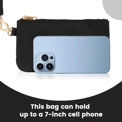 Mini Zip Around Wristlet Wallet, Dual Pouch Keychain Coin Purse for Women | Phone wallet design, detachable pouches, waterproof nylon, zipper closure, card holder, travel and daily essentials organizer - color: Black+Gold