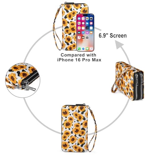 RFID Wallet with Phone Pocket for Women - Double Zipper Wristlet Purse Large Capacity, 17 Card Slots, Coin Pocket, Cow Sunflower - color: Cow Sunflower