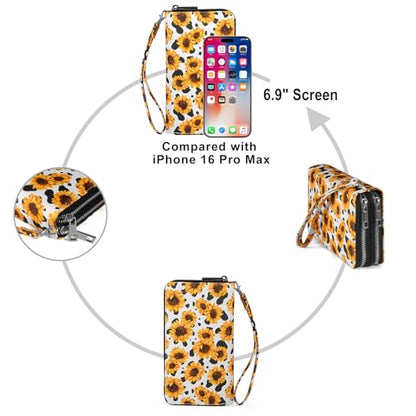 RFID Wallet with Phone Pocket for Women - Double Zipper Wristlet Purse Large Capacity, 17 Card Slots, Coin Pocket, Cow Sunflower - color: Cow Sunflower