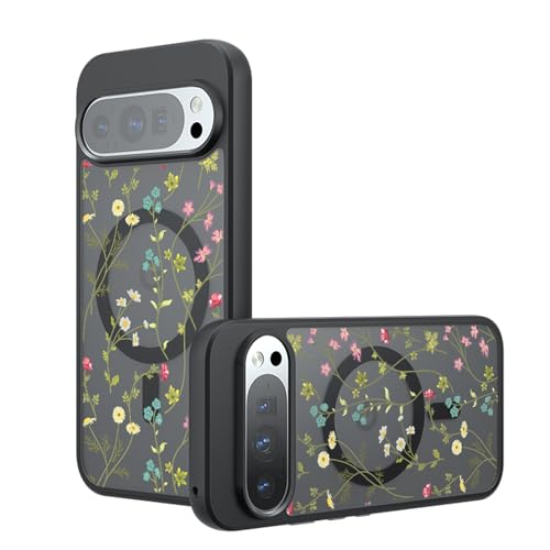 Magnetic Case for Google Pixel 9/9 Pro [Compatible with MagSafe] Cute Black Flower Floral Pattern Case for Women Girls Soft TPU Bumper Hard PC Back Anti-Fall Shockproof Protective Slim Cover - color: Flower Branch 1, size: Google Pixel 9/9Pro